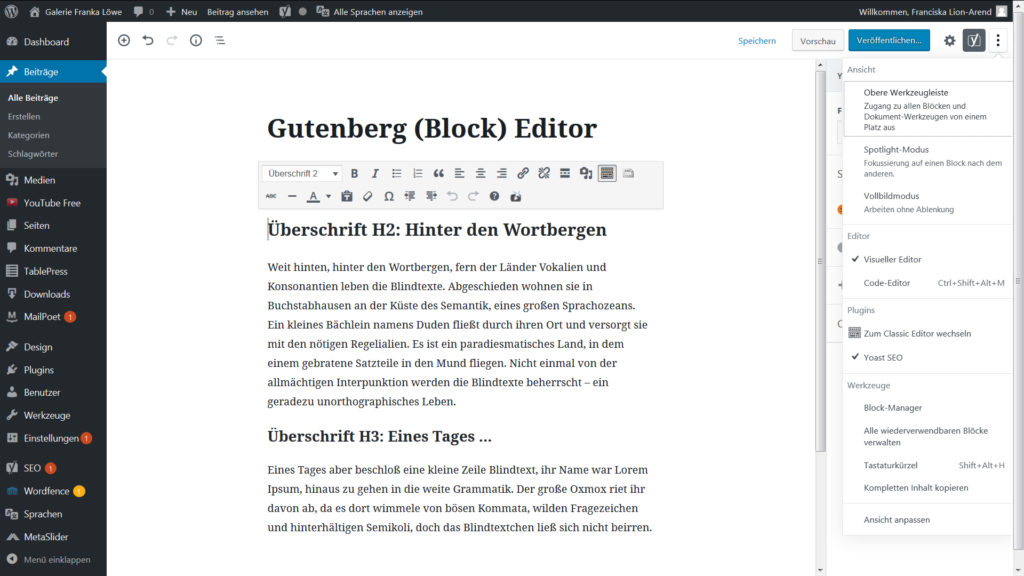 Screenshot WordPress Gutenberg Block Editor Ebenen